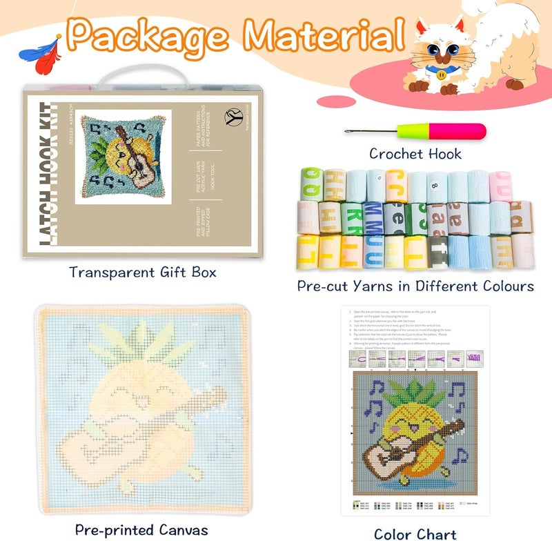 YP Handmade Pillowcase Pineapple Guitarist Latch Hook Kit - 18x18 Inch DIY Craft for Adults & Kids, Beginner-Friendly Design for Throw Pillows & Gifts - Image 2